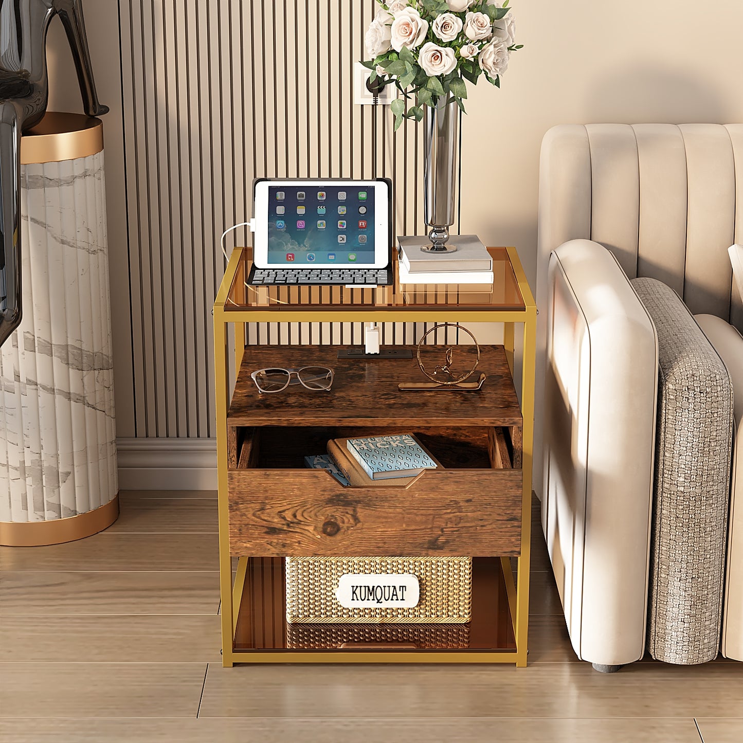 Nightstand, End Table with Fabric Storage Drawer and Open Wood Shelf, Bedside Furniture with Steel Frame