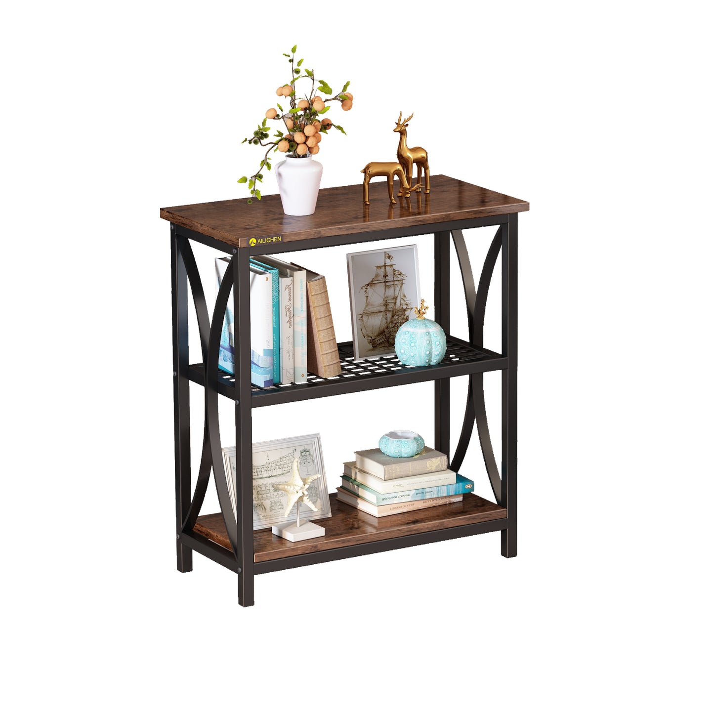 AILICHEN Display Rack, 3-Tier Single, French Oak Grey/ Black