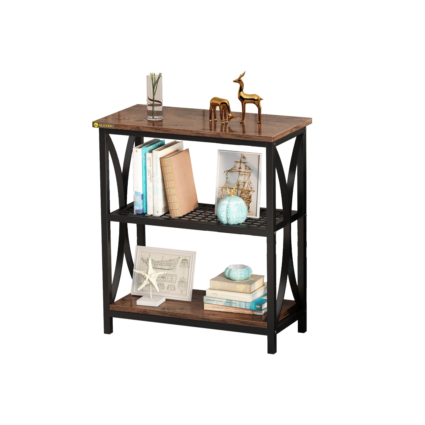 AILICHEN Display Rack, 3-Tier Single, French Oak Grey/ Black