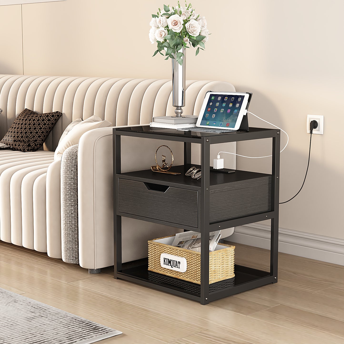 Nightstand, End Table with Fabric Storage Drawer and Open Wood Shelf, Bedside Furniture with Steel Frame
