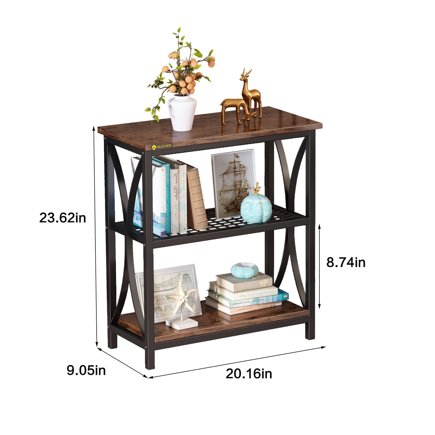 AILICHEN Display Rack, 3-Tier Single, French Oak Grey/ Black
