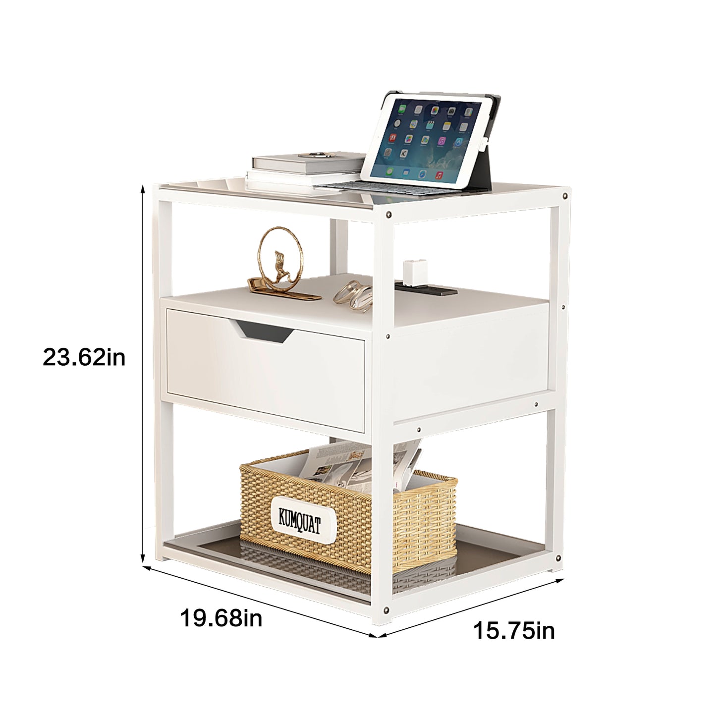 Nightstand, End Table with Fabric Storage Drawer and Open Wood Shelf, Bedside Furniture with Steel Frame