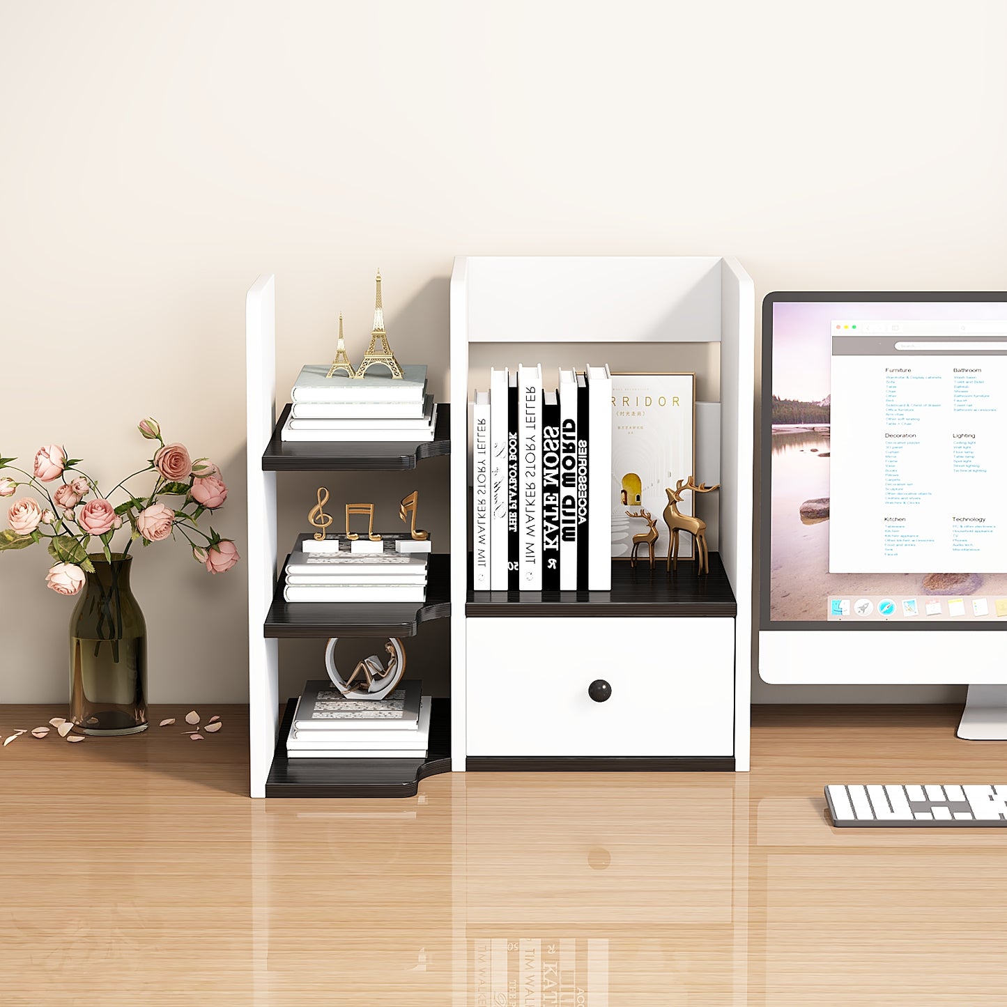 Lateral File Cabinet with Open Shelves and Drawer for A4 Letter and Legal Sized Documents