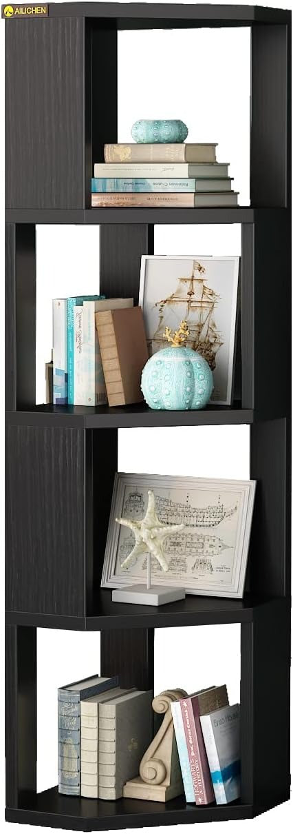 4 Tier Wooden Bookcase Corner Tall Book Shelf Modern Storage Display Rack