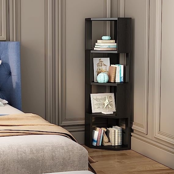 5 tier standing bookcase black storage furniture in bedroom