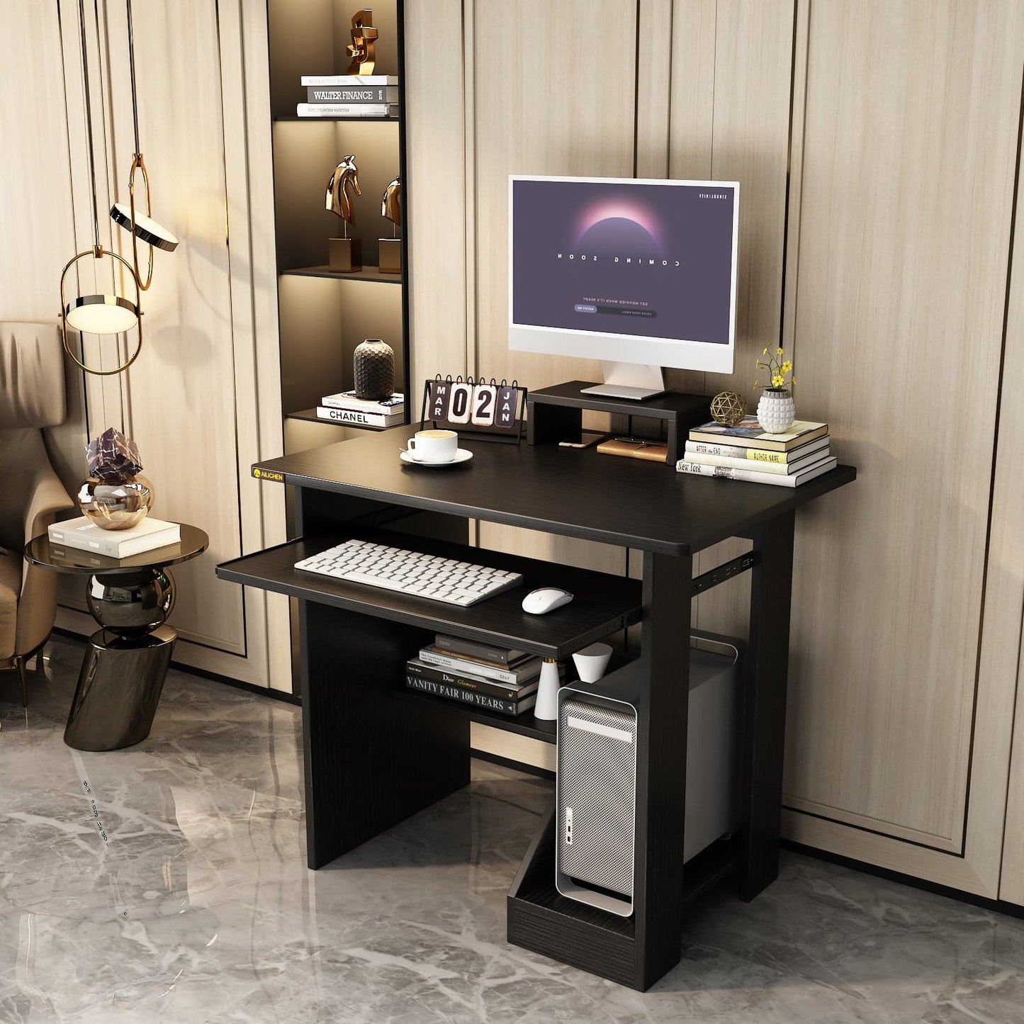 Home Office Computer Desk with Monitor Stand, Writing Study Desk with Keyboard Tray and Storage Shelves