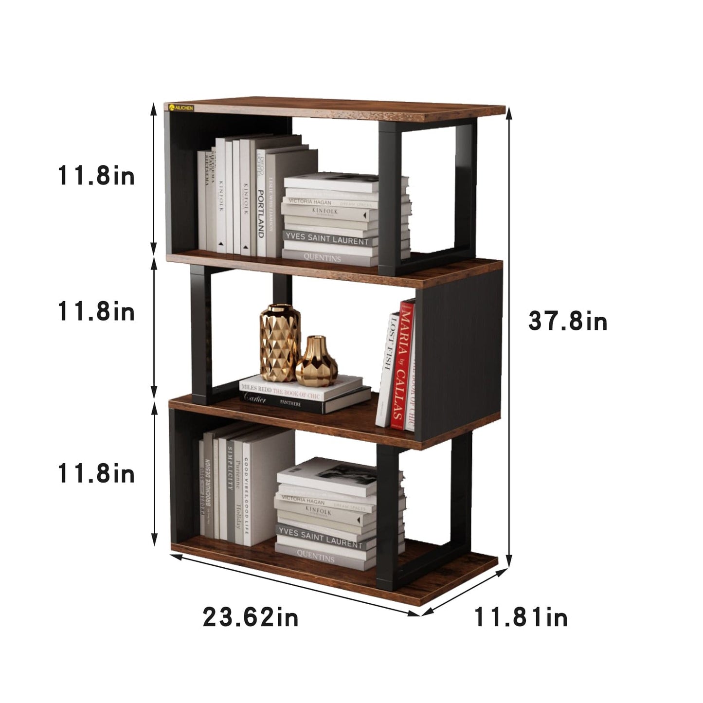 4-Tier Open Shelf Bookshelf Modern S-Shaped Z-Shelf Bookshelves and Bookcase size introduction