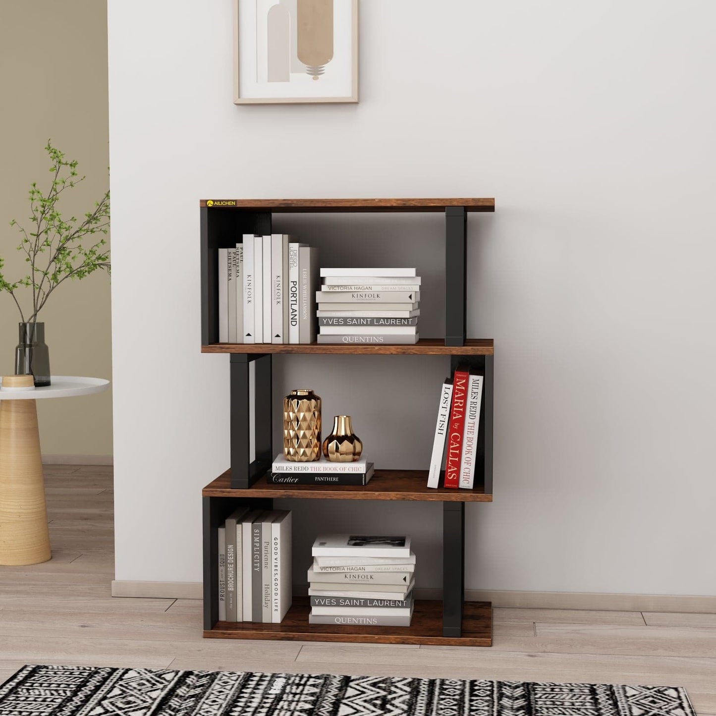 4-Tier Open Shelf Bookshelf Modern S-Shaped Z-Shelf
