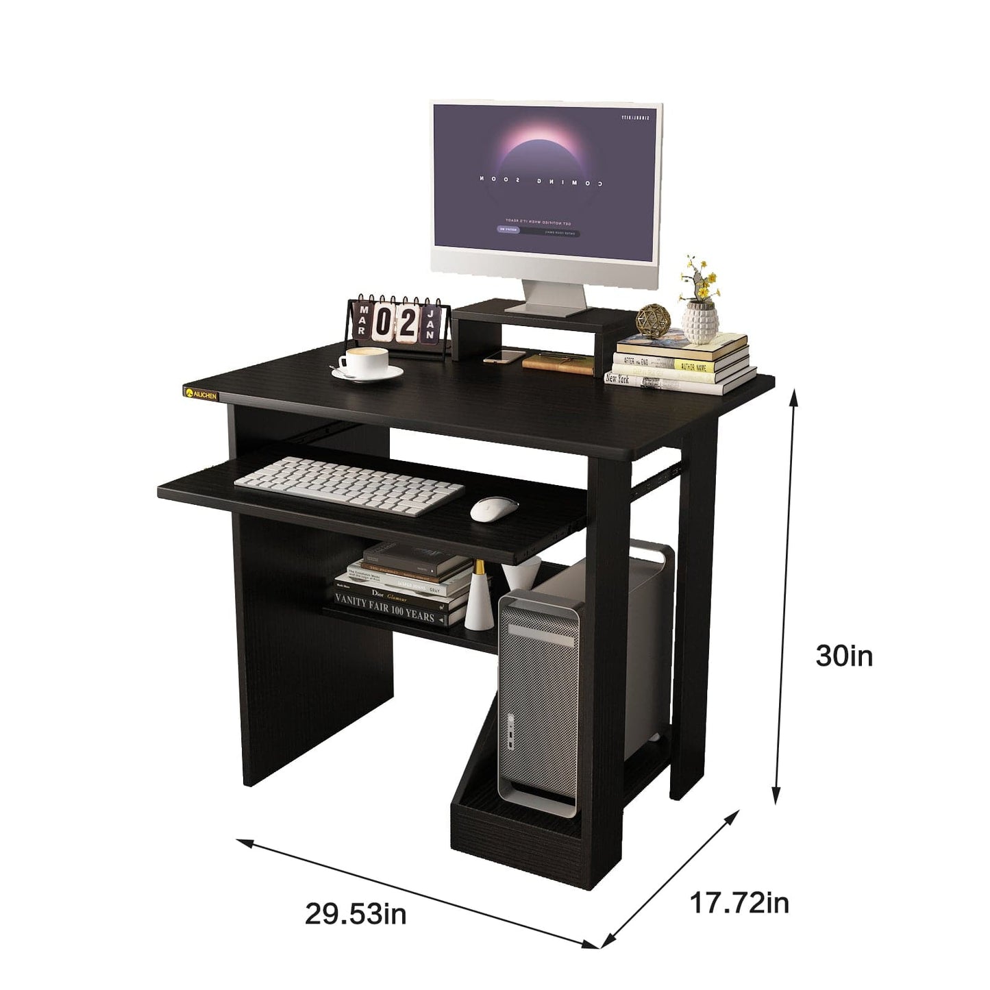 Home Office Computer Desk with Monitor Stand, Writing Study Desk with Keyboard Tray and Storage Shelves