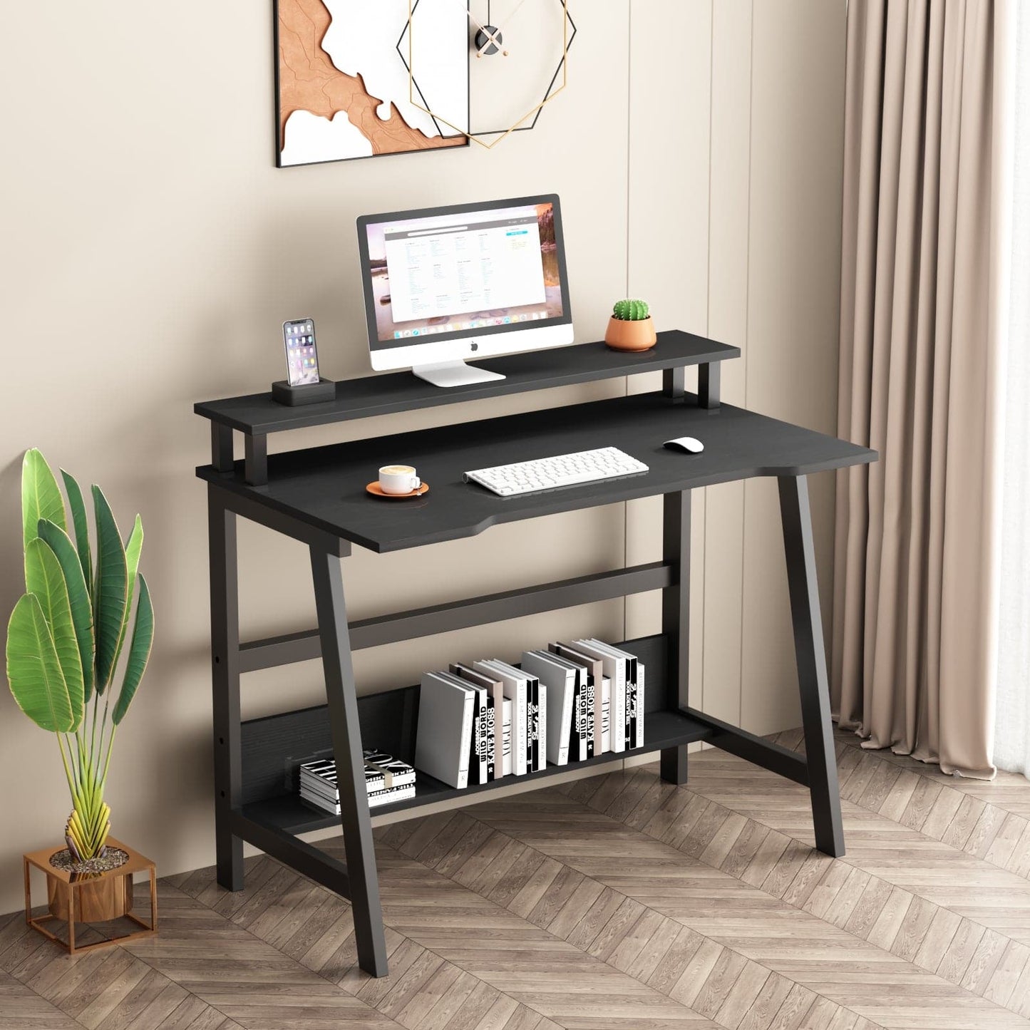 Small Computer Desk with Monitor & Storage Shelves for Small Spaces Compact Table