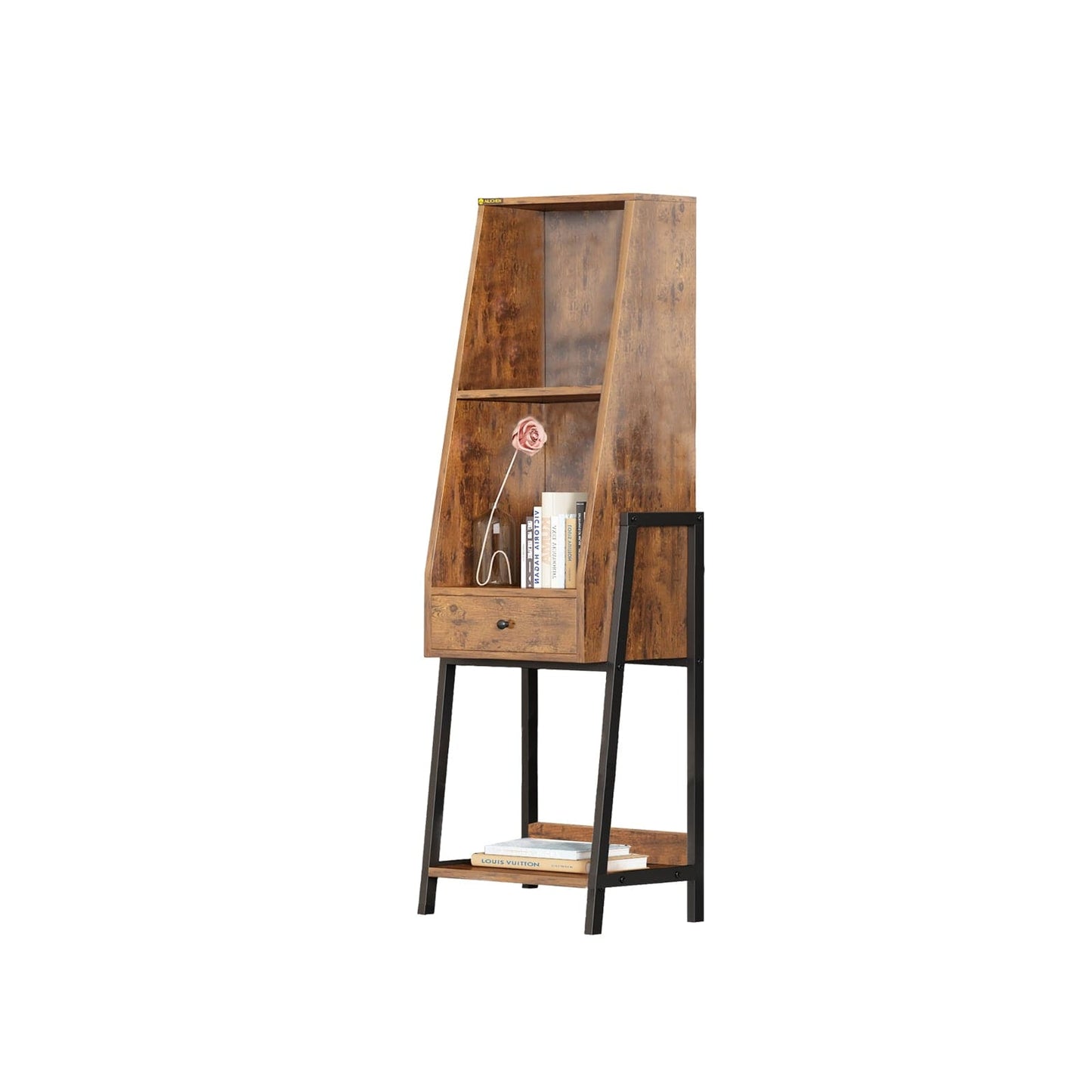4-tier Ladder Shelf Bookcase Wood Bookshelf With Metal Frame freestanding Display Storage Cabinet With Drawers