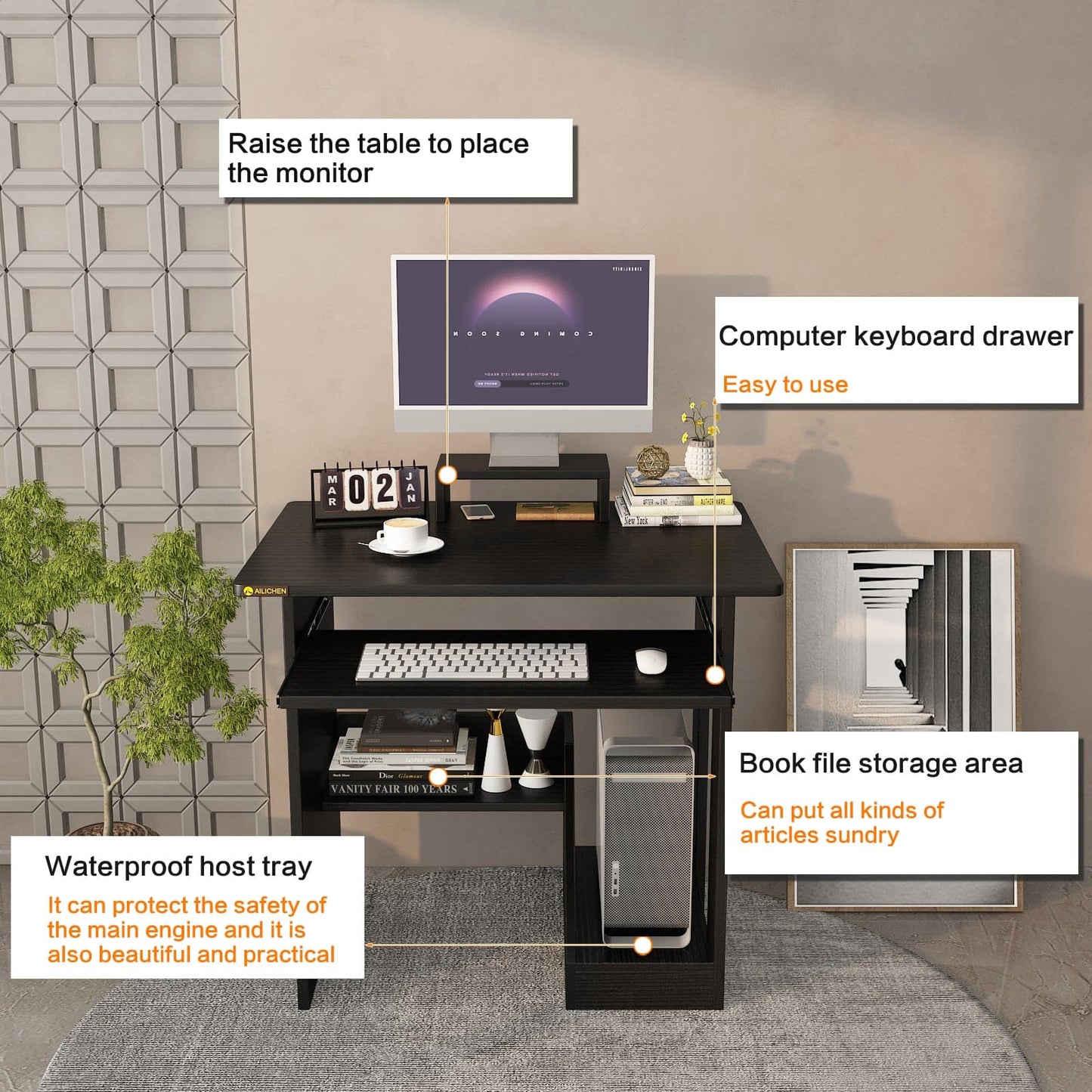 Home Office Computer Desk with Monitor Stand, Writing Study Desk with Keyboard Tray and Storage Shelves