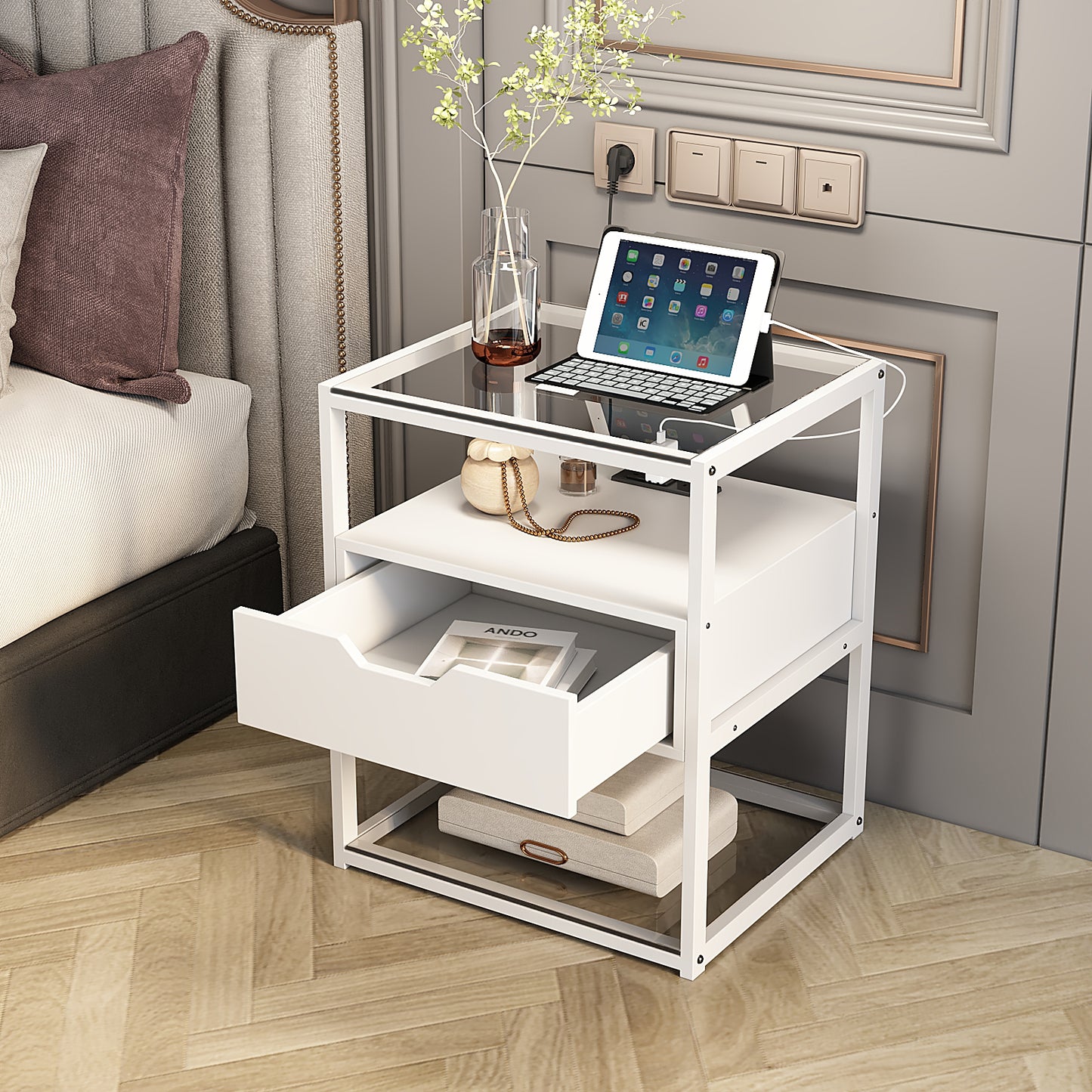 Nightstand, End Table with Fabric Storage Drawer and Open Wood Shelf, Bedside Furniture with Steel Frame