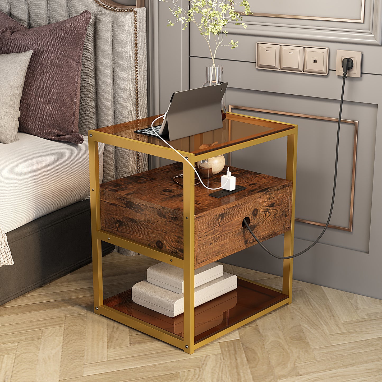 Nightstand, End Table with Fabric Storage Drawer and Open Wood Shelf, Bedside Furniture with Steel Frame
