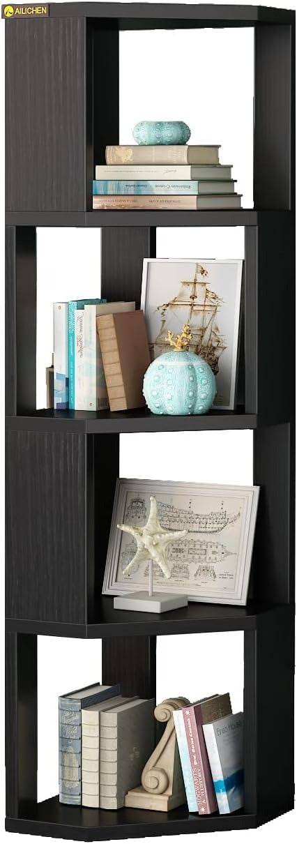 4 Tier Wooden Bookcase Corner Tall Book Shelf in black