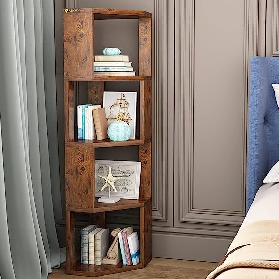 4 Tier Wooden Bookcase Corner Tall Book Shelf rustic style