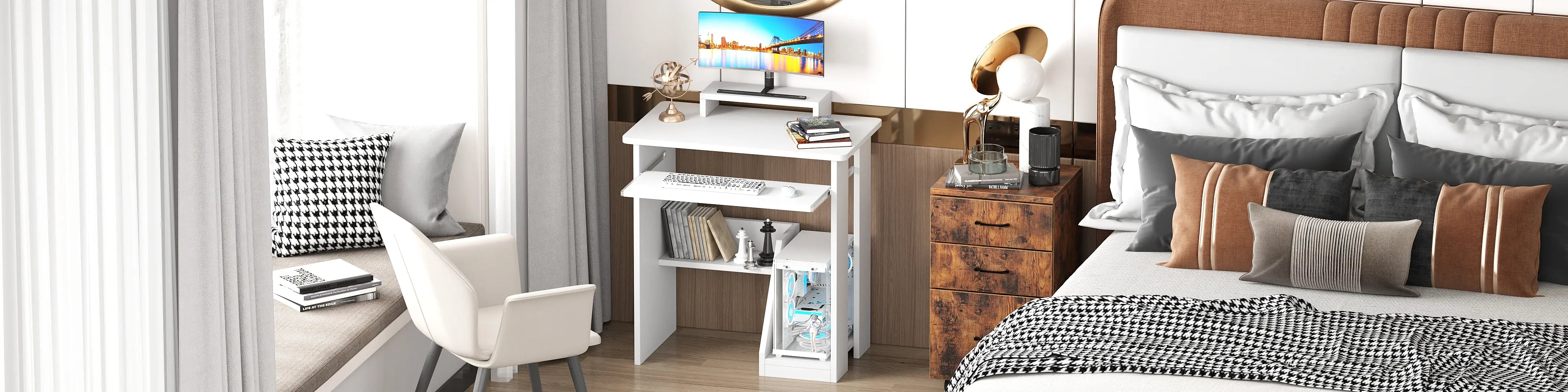 A stylish bedroom featuring a cozy bed with decorative pillows and a patterned blanket. A sleek white desk with a computer monitor and books sits next to a wooden nightstand with a lamp. A comfortable chair and a window seat with cushions complete the serene setup.