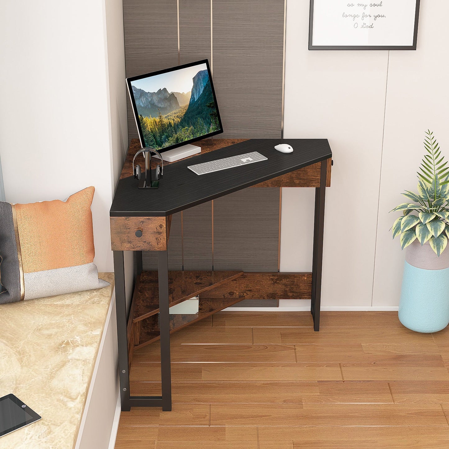 Triangle Computer Desk with Storage Shelf Corner Desk for Small Space