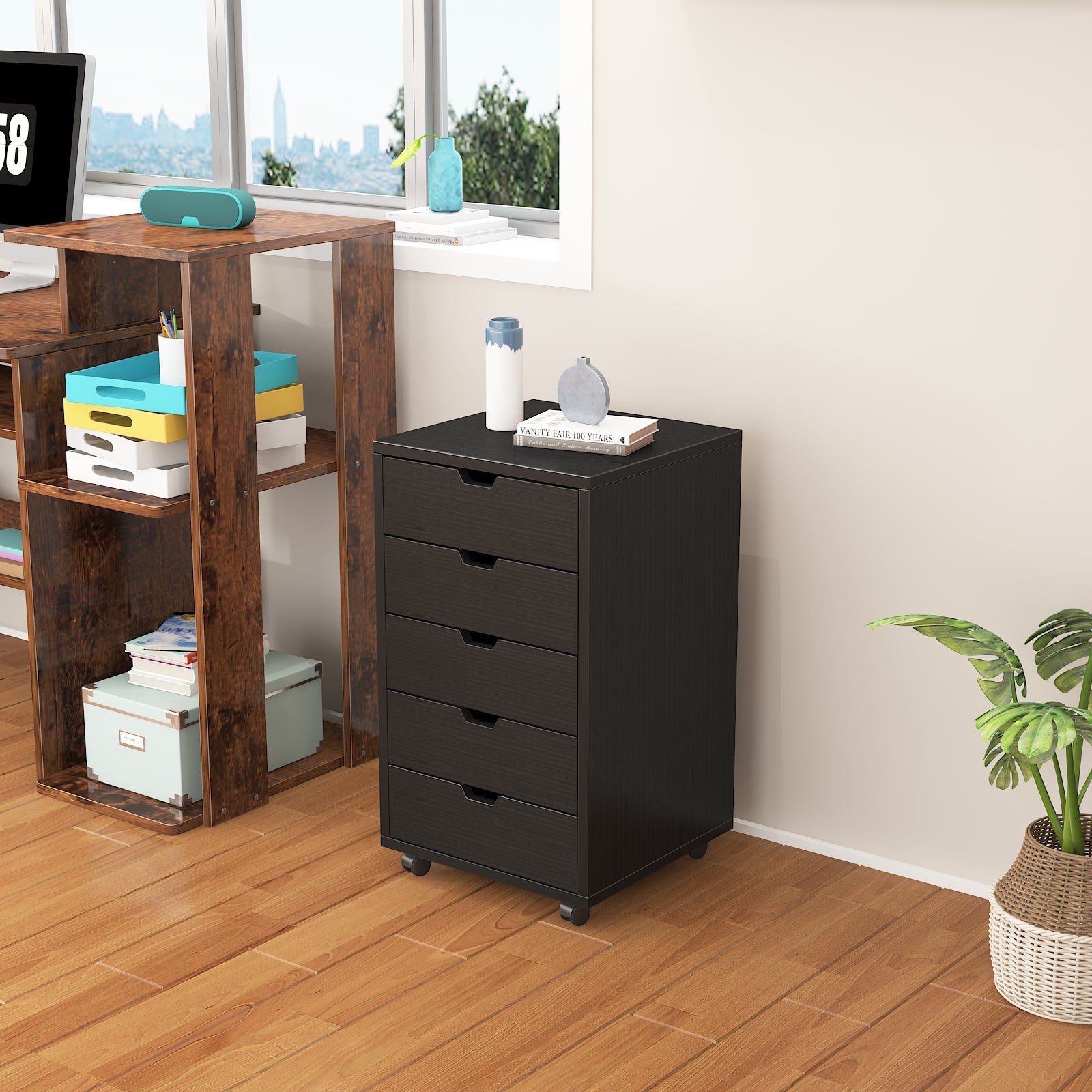 5-Tier Office Pulley Movable File Cabinet in black
