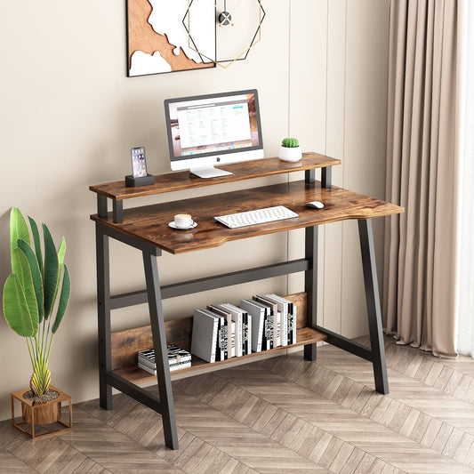Small Computer Desk with Monitor & Storage Shelves for Small Spaces Compact Table