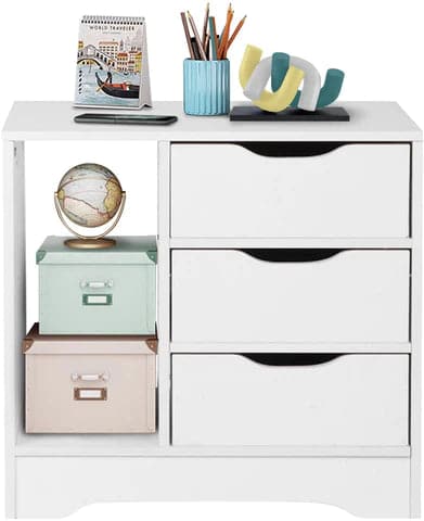 White Nightstand with 3 Drawers with Open Storage Tables