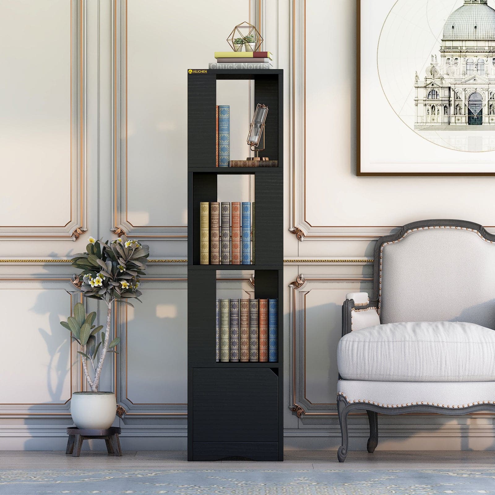 Bookcase with Doors, 4-Tier Bookshelf Storage Cabinet in black