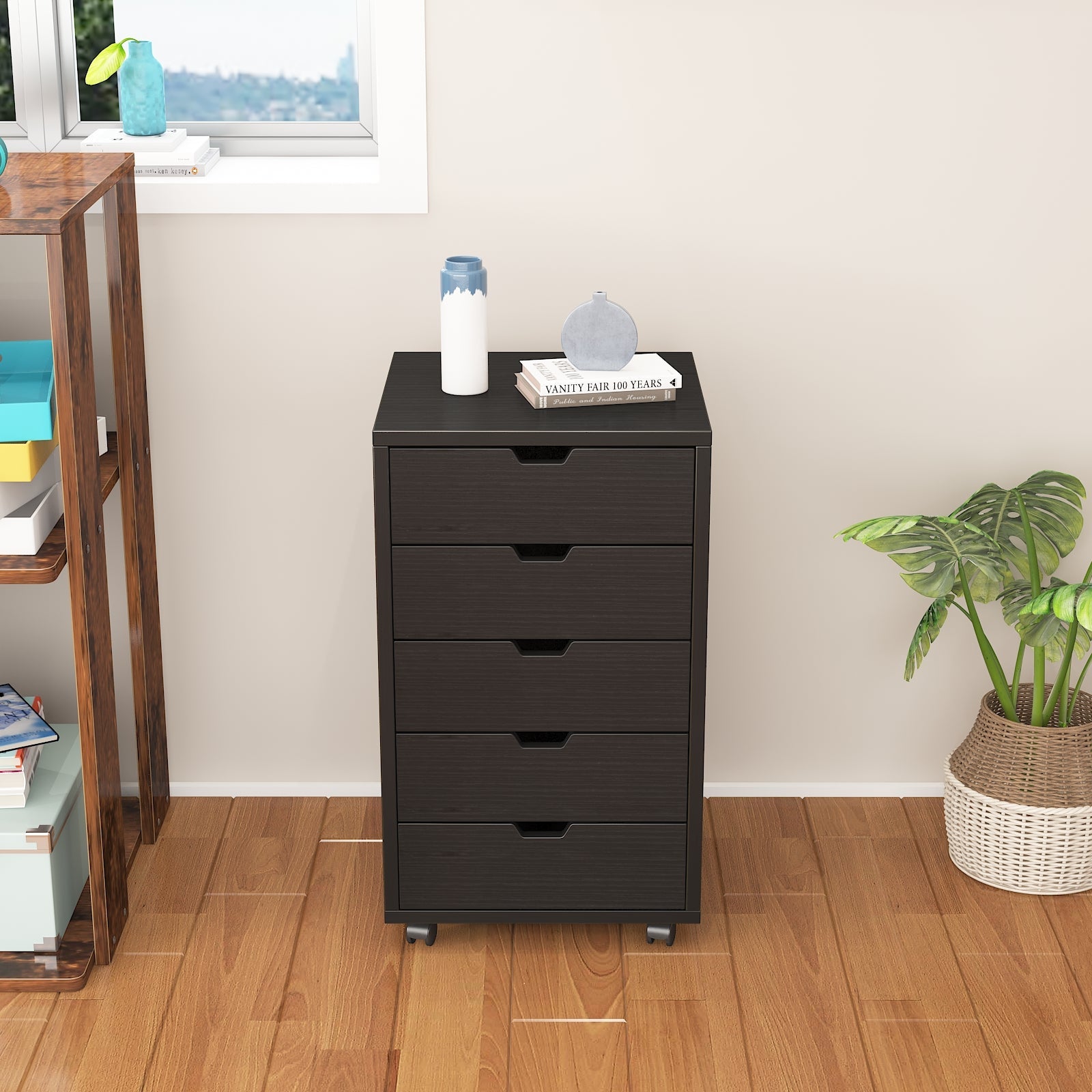 5-Tier Office Pulley Movable File Cabinet Wooden Cabinet in black