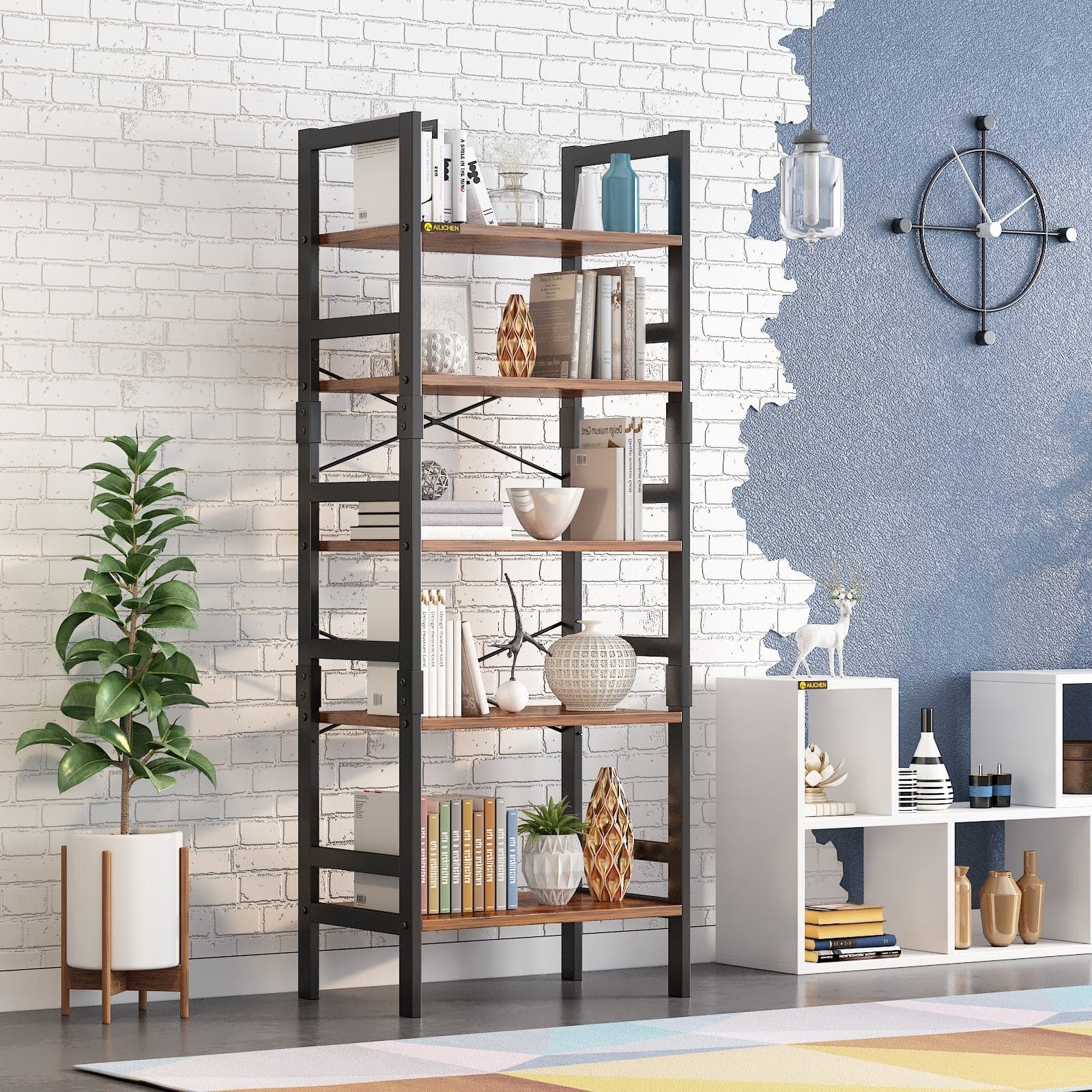 5 Tier Free Standing Bookcase Industrial Book Shelf
