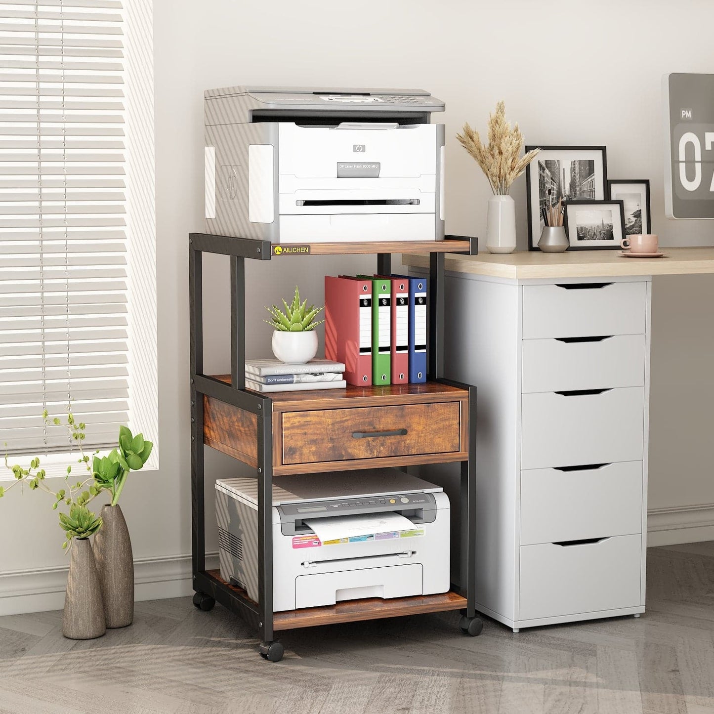 Mobile Printer Stand 3 Tier Home Office Printer Stand with Drawer Rolling Filing Cabinet Printer Cart with Storage Shelves