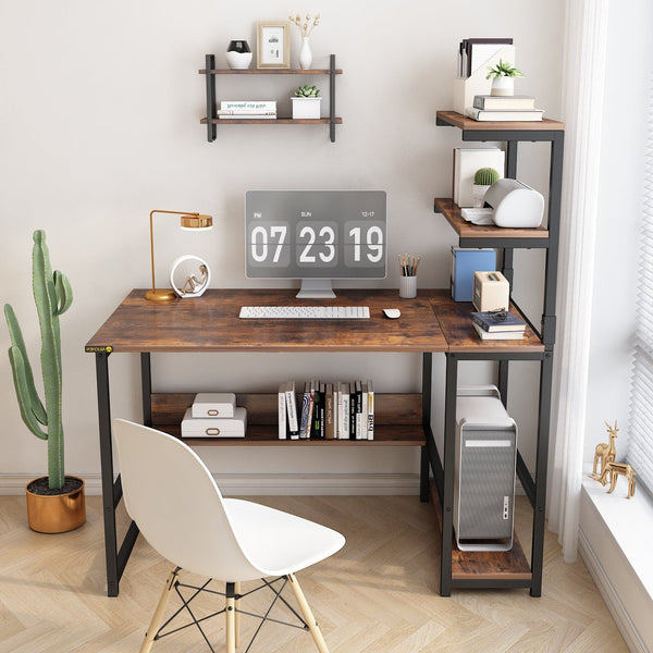 Computer Desk with 4-Tier Storage Shelves Modern Large Office Desk with Bookshelf and Tower Shelf