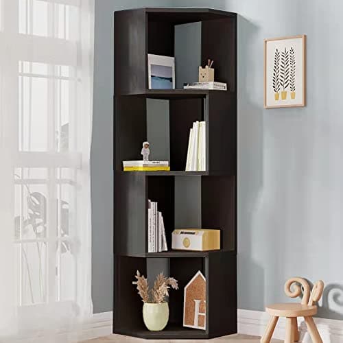 4 Tier Wooden Bookcase Corner Tall Book Shelf Modern Storage Display Rack in black