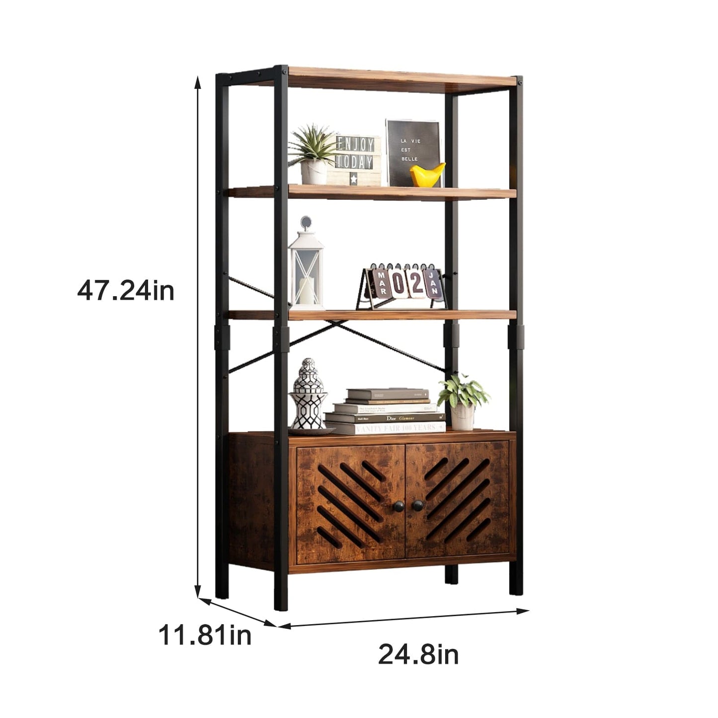 Bookshelf, Storage Cabinet with 3 Shelves and 2 Louvered Doors size introduction