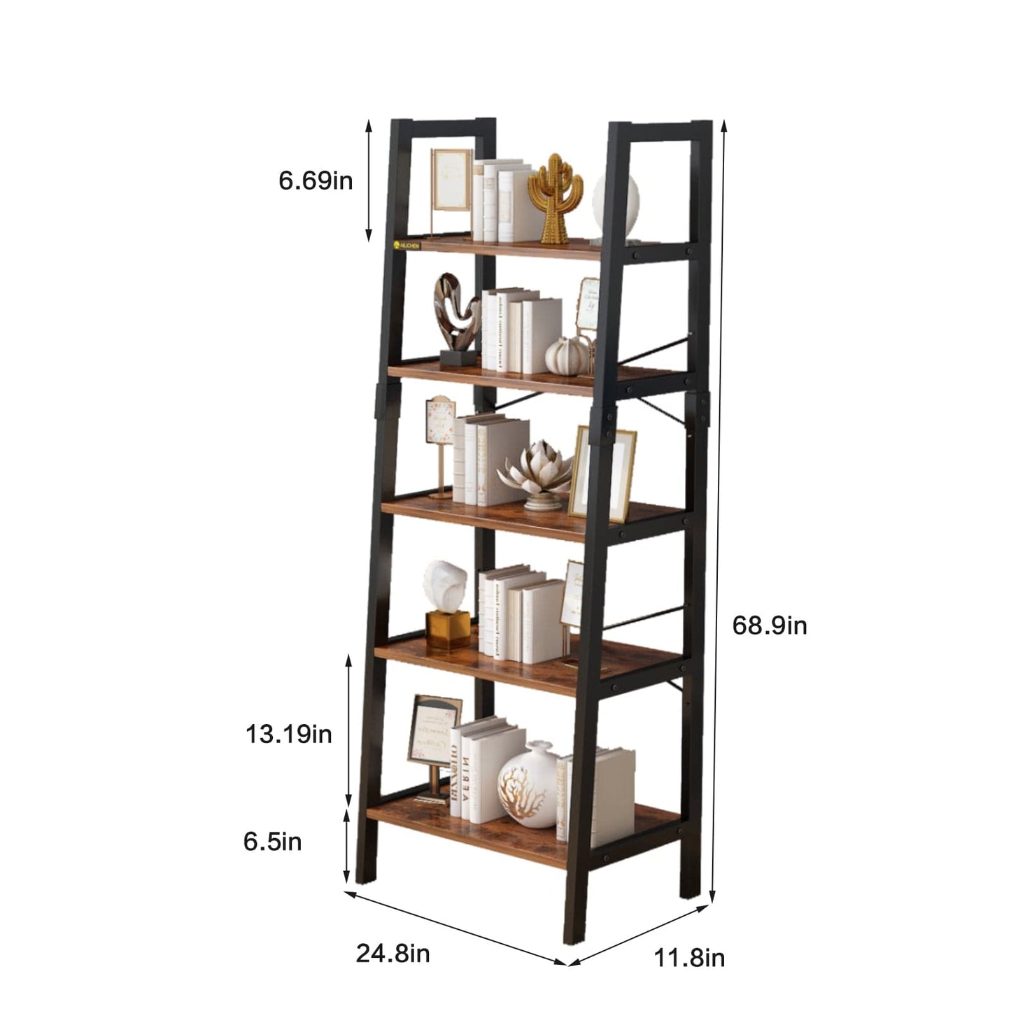 5 Tier Free Standing Bookcase Industrial BookShelf with Metal Frame