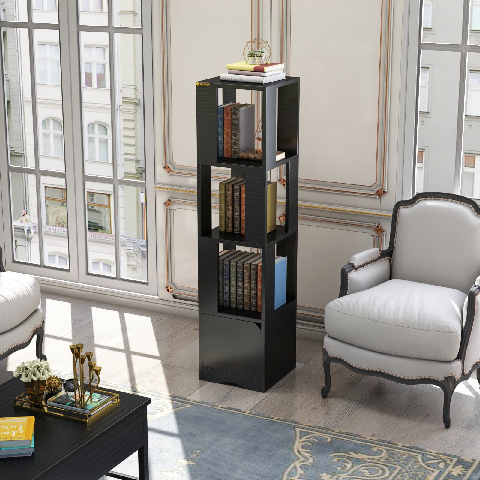 Bookcase with Doors, 4-Tier Bookshelf Storage Cabinet, Record Player Stand in black