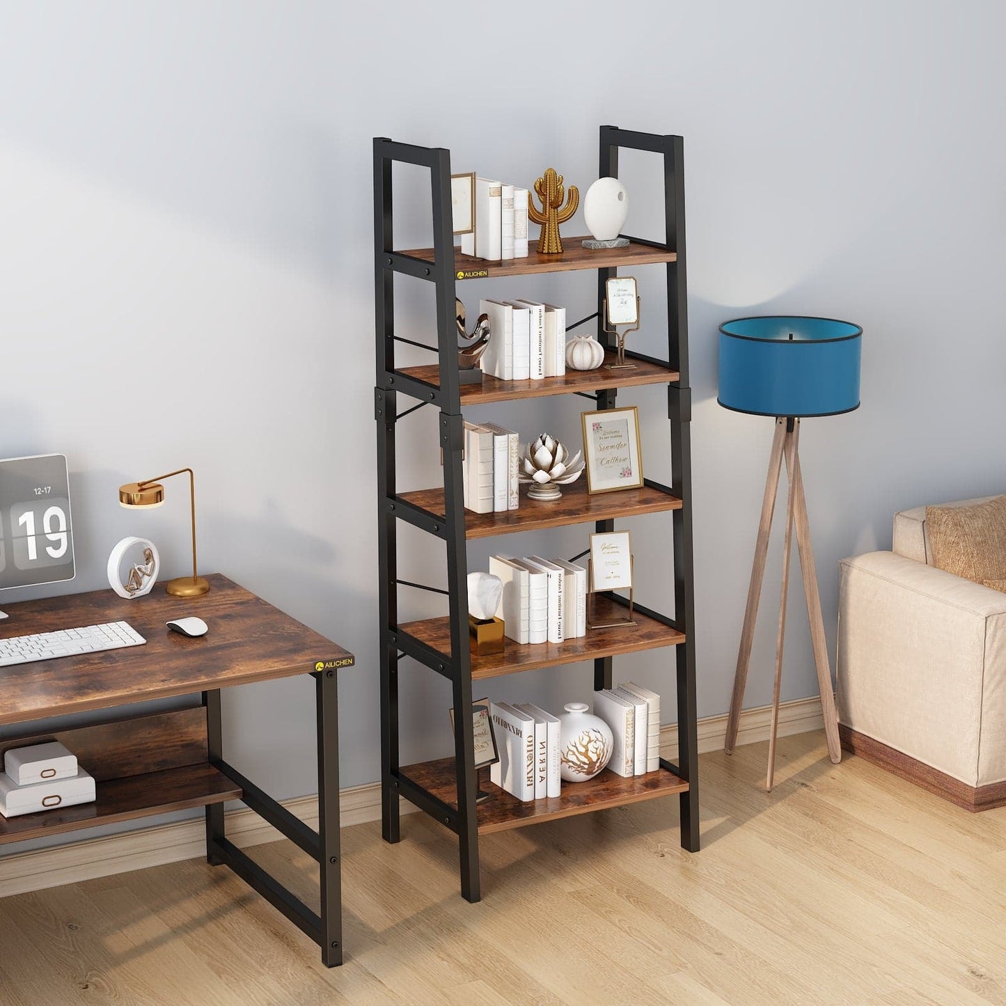 Industrial 5-Tier Bookshelf Utility Organizer Shelves for Plant Flower Wood Look Accent Furniture with Metal Frame