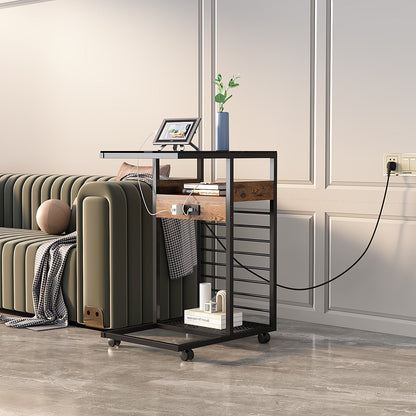 Mobile C-Shaped End Table with Charging Station and Wheels