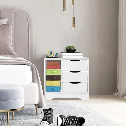 White Nightstand with 3 Drawers with Open Storage Tables