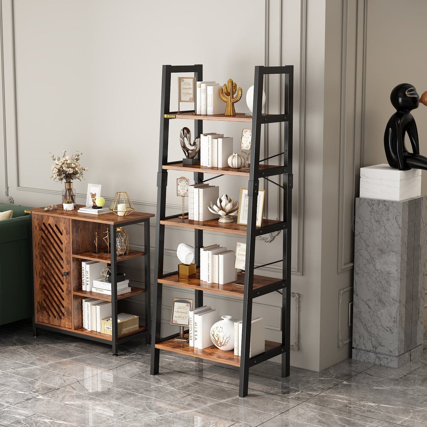 Industrial 5-Tier Bookshelf Utility Organizer Shelves for Plant Flower Wood Look Accent Furniture with Metal Frame