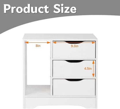 White Nightstand with 3 Drawers with Open Storage Tables