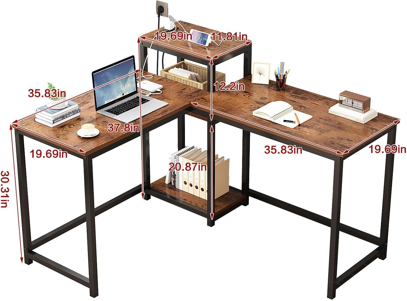 83 Inches Two Person Desk with Power Outlet rustic style size introduction