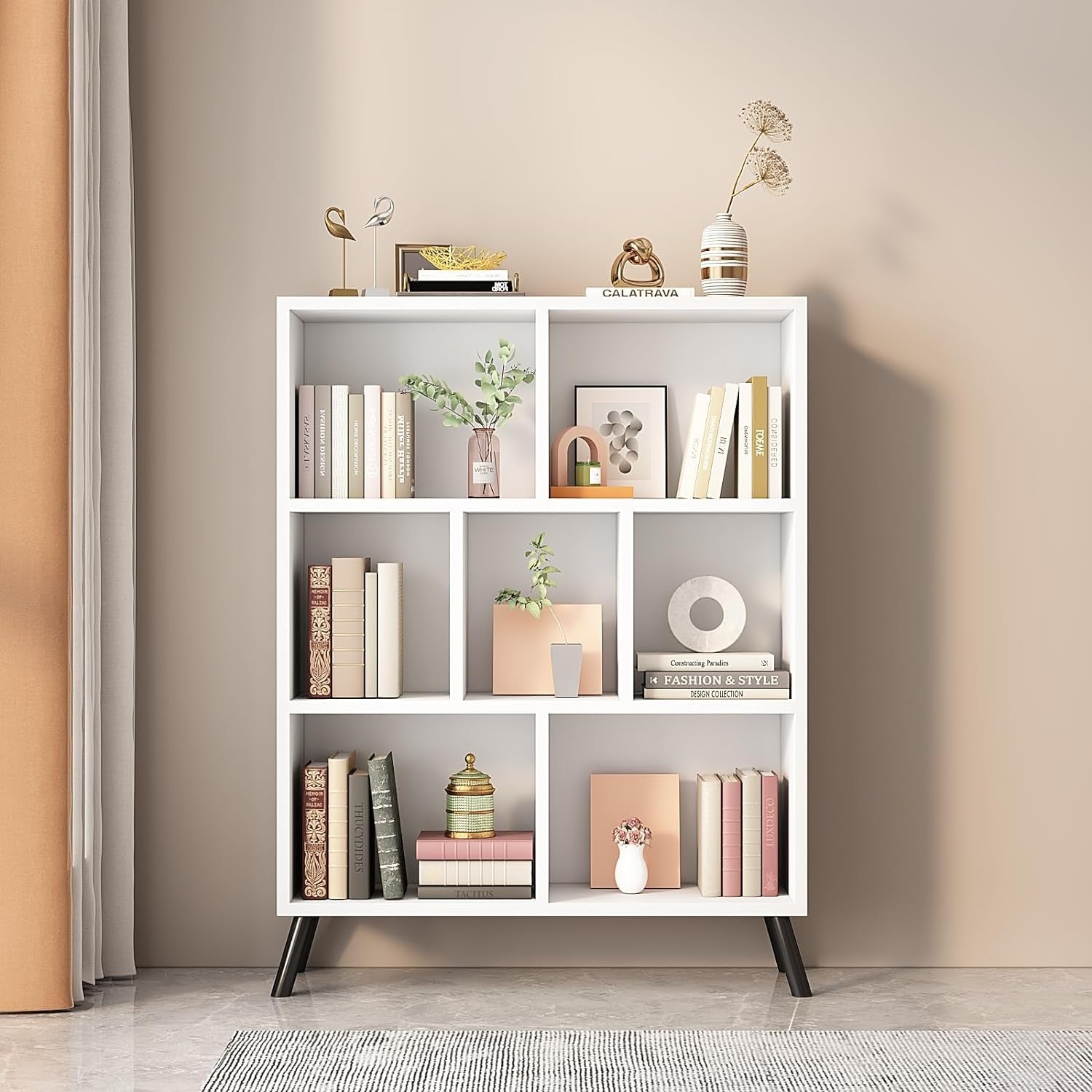 7 Cube Bookshelf,3 Tier Open Shelf Bookcase with Legs in white