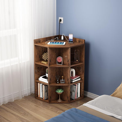 3-Tier 9 Cubes Corner Cabinet with USB Ports and Outlet beside wall