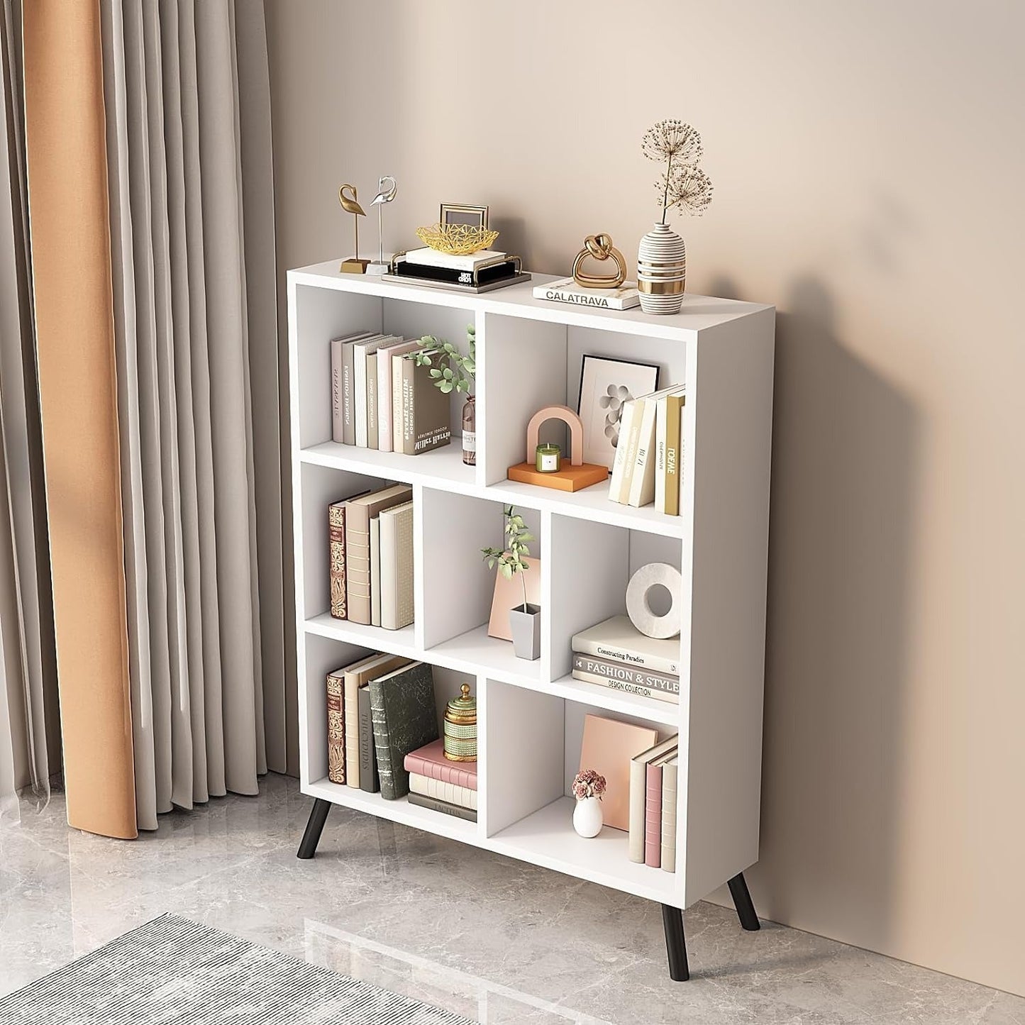 7 Cube Bookshelf,3 Tier Open Shelf Bookcase in white