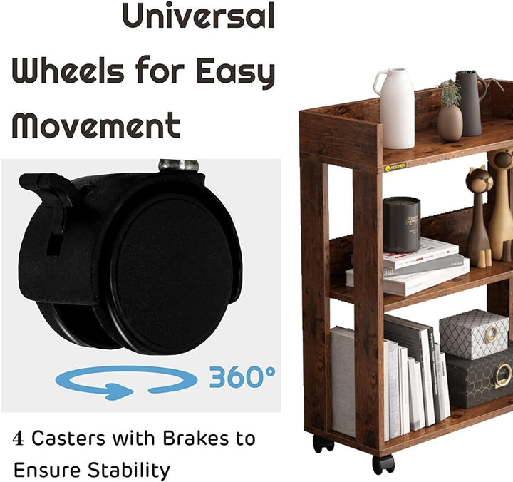 3-Tier Open Wood Shelving Unit Mobile Storage wheels