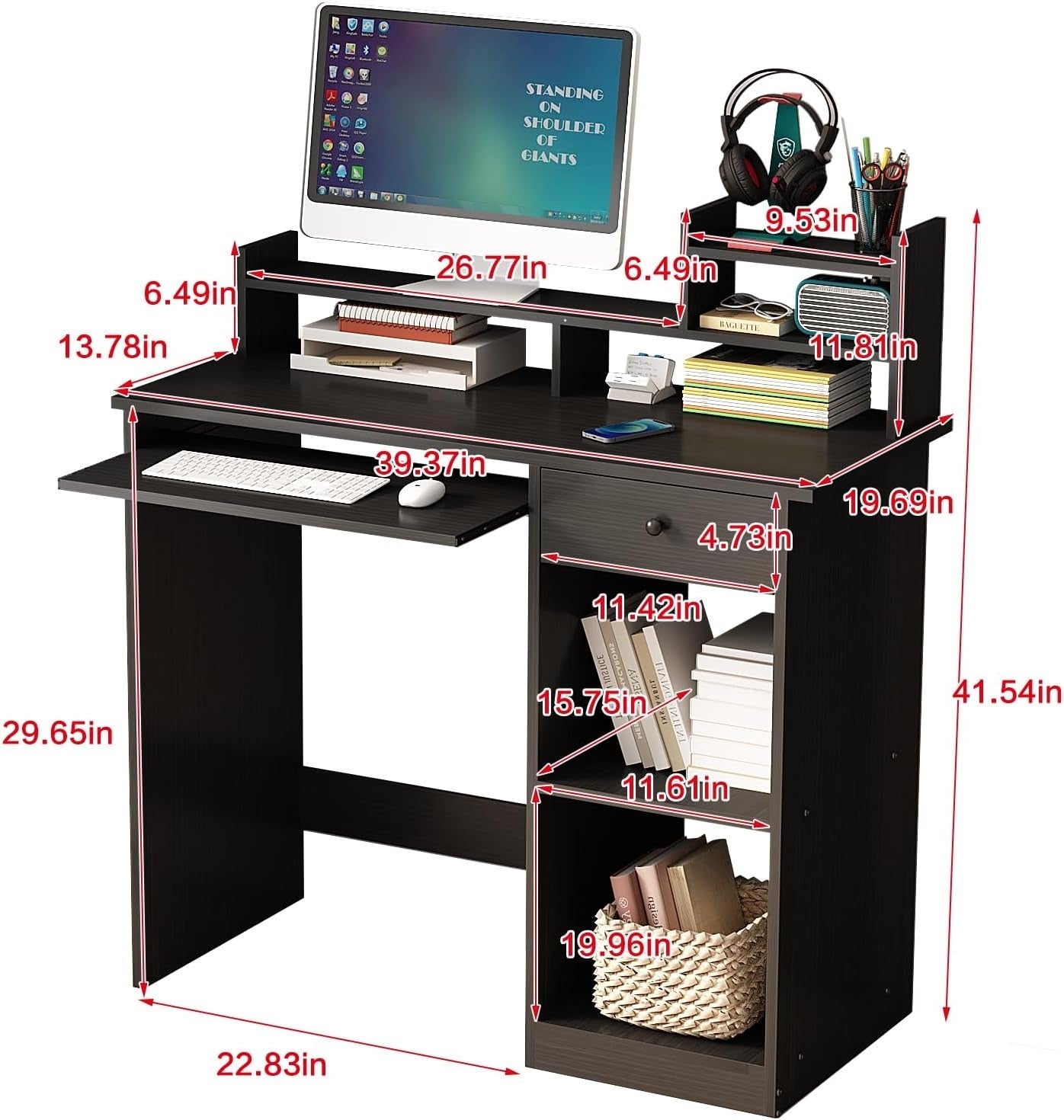40" Study Workspace with Monitor Stand, Slide-Out Keyboard Tray size introduction