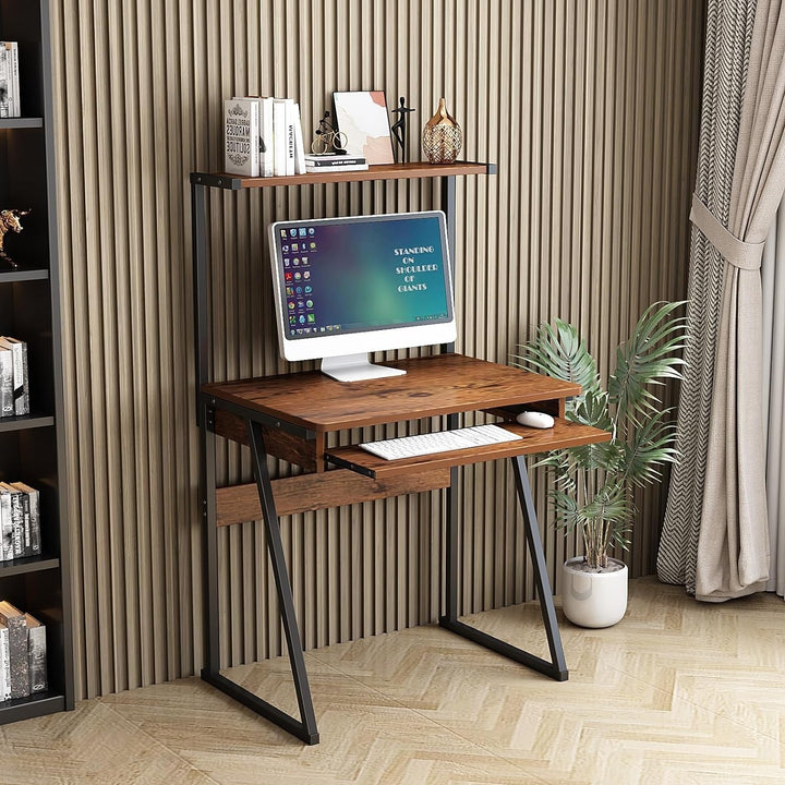 2-Tier Computer Desk in rustic with Keyboard Tray