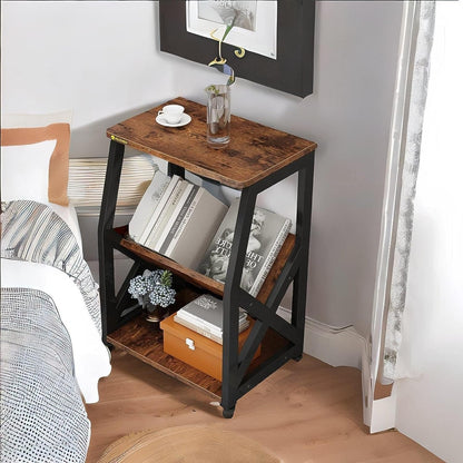 3 Tier Vintage Industrial Side Table with Magazine Holder