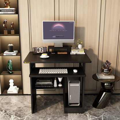 Home Office Computer Desk with Monitor Stand, Writing Study Desk with Keyboard Tray and Storage Shelves