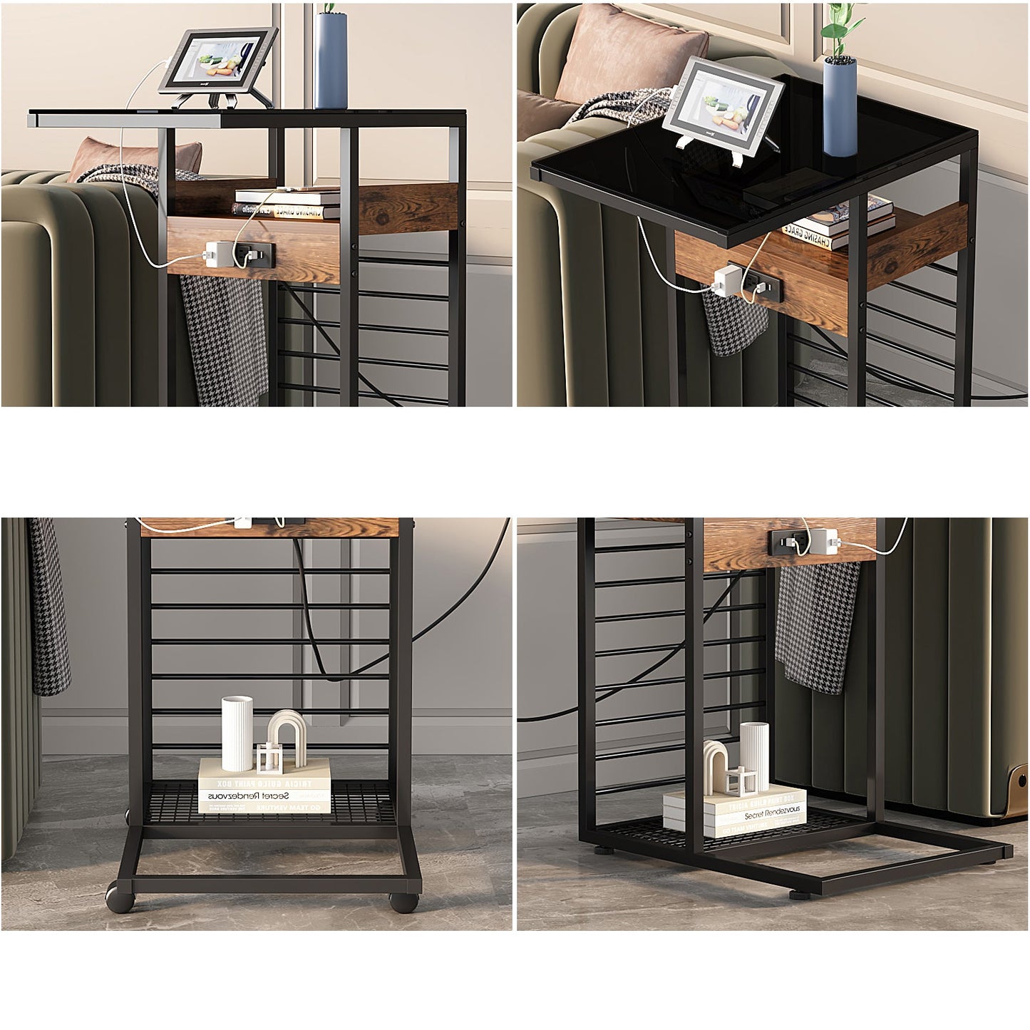 Mobile C-Shaped End Table with Charging Station and Wheels